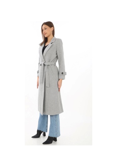 Astarlı Balık Sırtı Kaşmir Kaşe Kaban - Gri Çok Renkli