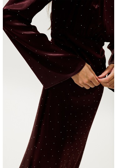 Mıla Taşlı Abiye Elbise Bordo Bordo