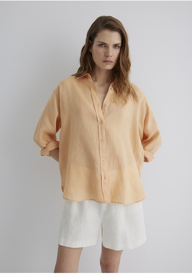 Mavi - Turuncu Keten Gömlek 1210747-71219 Turuncu