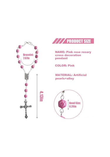 Geeroyoo Gül Desenli İpeksi Boncuklu Tesbih, Haç Tasarımında Kutsal Ayak, Pembe Renkli Dini Aksesuar Beyaz Taşlı Rose
