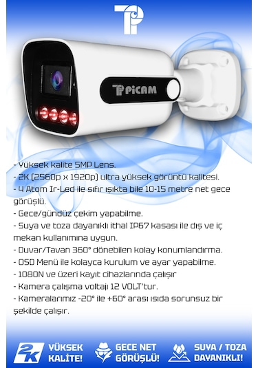 Picam 10 Kameralı Zebra 10 Dış Kamera Set 500 Gb 5 Mp 2k Net Gece Görüşlü Güvenlik Kamerası Sistemi