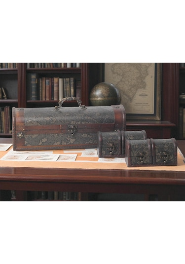 Lüks İşlemeli Vintage Eskitme Tasarımlı 3lü Sandık Çok Amaçlı Takı Aksesuar Kutusu Dekoratif Obje B