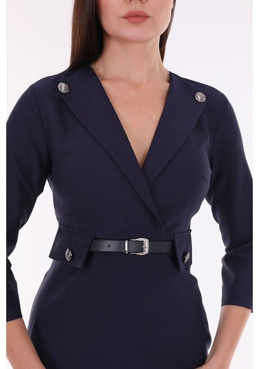 Etselements Kruvaze Yaka Cep Detaylı Kemerli Ofis Elbise Ets1753