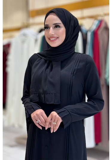 Pilise Detaylı Medine İpeği Elbise & Şal İkili Takım Siyah -
