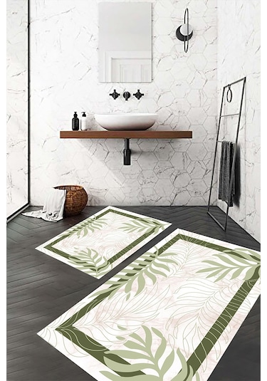 Yaprak Desen Banyo Paspası, Yeşil Yapraklar Paspas, Kaymaz Taban Banyo Paspası, Klozet Takım Klozet Banyo Halısı & Paspas 50049374 Yeşil