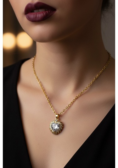 Altın Renk Beyaz Taş Kalp Model Sf Zincir Çelik Kolye - 3721 Çok Renkli