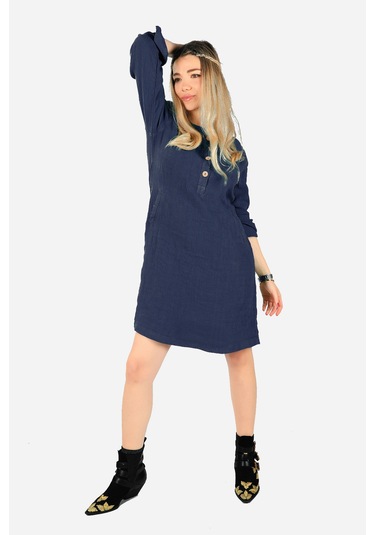 Keten Midi Elbise Lacivert