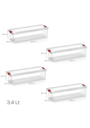 Porsima 456-4 4 Lü 3,4 Lt Kilitli Kapaklı Yiyecek Erzak Saklama Kabı Seti - Buzdolabı Düzenleyici Organizeri Şeffaf