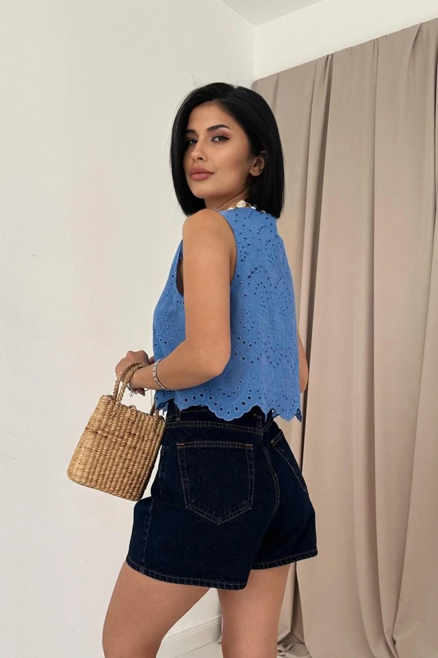 Nova Bazaar Mavi Sıfır Kol Brode Bluz Mavi