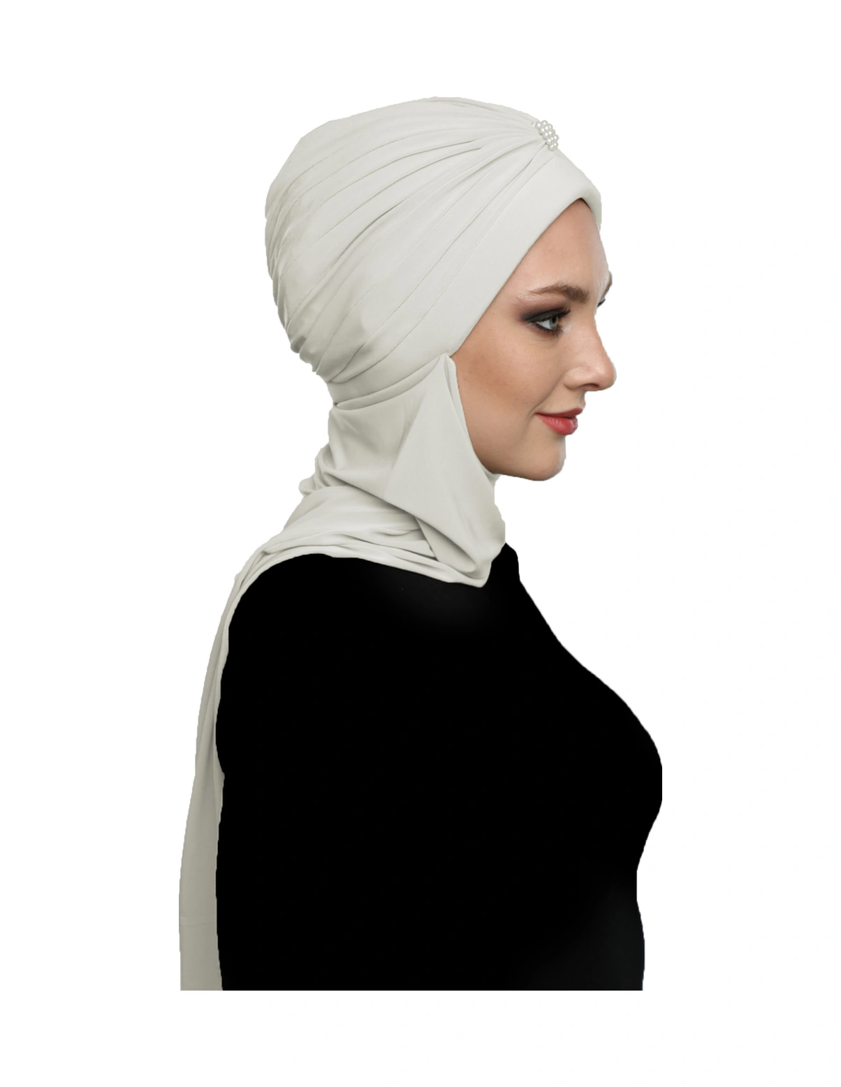 Incili Atkılı El Işi Inci Işlemeli Krem Hazır Türban Tesettür Bone Krem