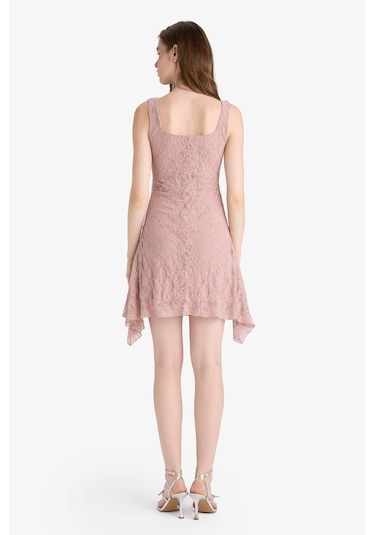 Defacto Kare Yaka Dantel Askılı Mini Elbise F6763ax25aubr86 Pembe