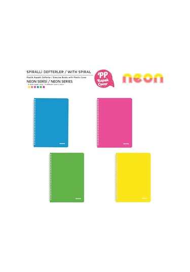 Mopak Neon Serisi A4 Spiralli Pp Kapak Defter 72 Yp Kareli 4'lü