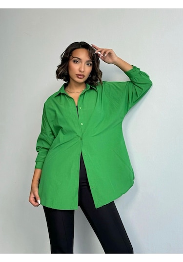 Kadın Oversize Uzun Basic Gömlek Yeşil