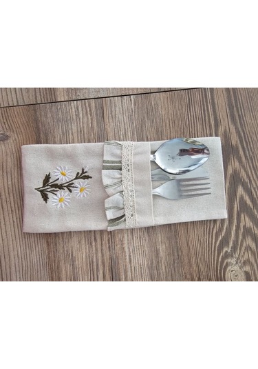 Buldan Keten Papatya Nakışlı Çatal Kaşık Bıçak Kılıfı