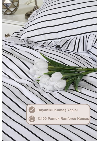 Elart Lara Nevresim Takımı Çift Kişilik Lastikli Çarşaf %100 Pamuk Ranforce Fırfırlı 200x220 Cm Siyah Siyah