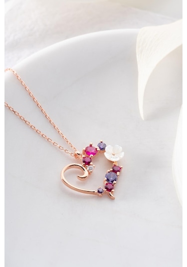 Nereze 925 Ayar Gümüş Manolya Çiçeği Renkli Taşlı Kalp Kolye