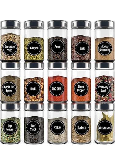 Dofolink 144 Adet 3.8 Cm Çaplı Zarfli Baharat Etiketleri - Mutfak Organizasyonu İçin Transparan Pvc Sticker Seti Siyah