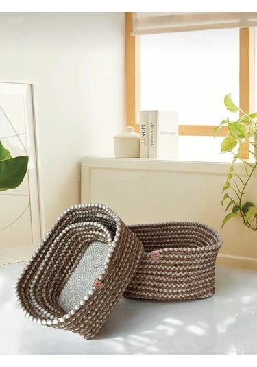 3'lü Hasır Görünümlü Düzenleyici Sepet - Leke Tutmaz - Kahverengi Kahverengi