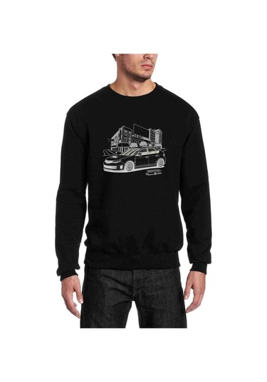 Subaru Hackback Baskılı Siyah Erkek Örme Sweatshirt