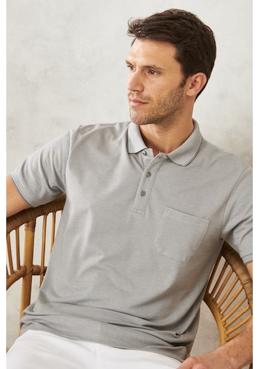 Ac&Co / Altınyıldız Classics Polo Yaka Cepli Regular Fit Bol Kesim Düz Tişört - 465114609 Gri