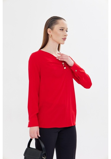 Yakası Pileli Ve Düğme Detaylı Gömlek Kırmızı Kırmızı