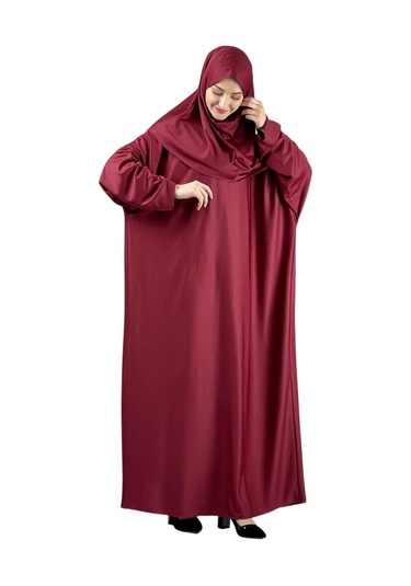 Namaz Elbisesi Eşarp Seccade Tesbih Set, İslami Giyim Takım Ferace Turban Şal Kırmızı