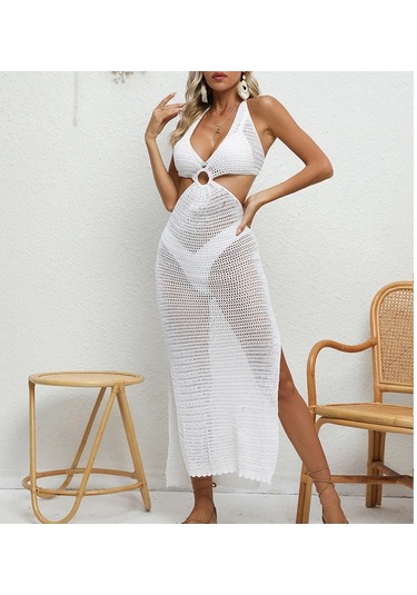 Bağlama İpli Derin V Yaka Örgü Boyundan Bağlamalı Tunik Uzun Plaj Elbisesi Siyah