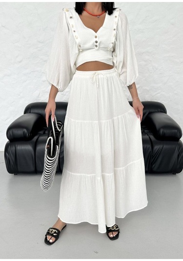 Midyeli V-yaka Bağlamalı Crop Dizaltı Etek Bluz Sahil 2li Takım Beyaz