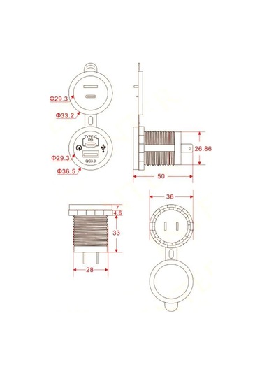 Usb Şarj Soket Type C-qc3.0 12-24v Yuvarlak Voltmetre'li Mavi