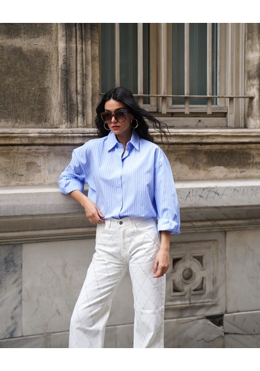 Kadın Beyaz Renk Palazzo Önü Starlight Parlak Taşlı Tasarım Denim Beyaz