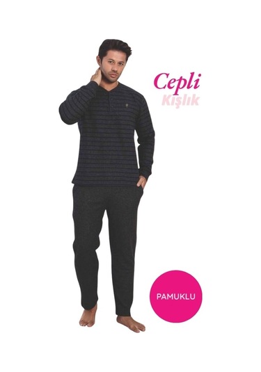 Erkek 3 Düğme Çizgili Kışlık Pamuklu Selanik Kumaş Uzun Manşetli Kol Cepli Pijama Takımı Lacivert-yeşil