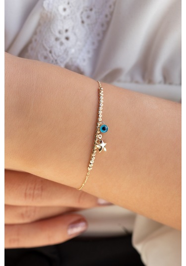 14 Ayar Altın Yıldız ve Nazar Boncuklu Kadın Bilekliği Sarı Altın