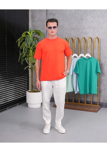 Modefendi Pamuk Likra Yırtmaç Detaylı 2 İplik Oversize Tshirt Somon