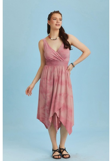 Kruvaze Yaka Etek Katlı Bohem Şık Batik Elbise 001