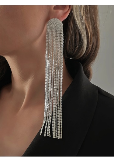 Uzun Sallantılı Tekli Beyoğlu Taşı Abiye Gold Renk Küpe Gümüş