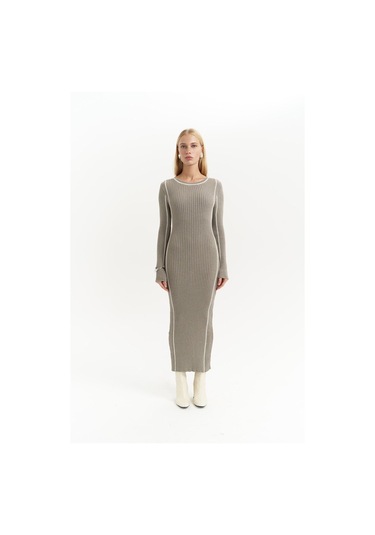 Aston Çizgi Detay Gri Triko Elbise Gri