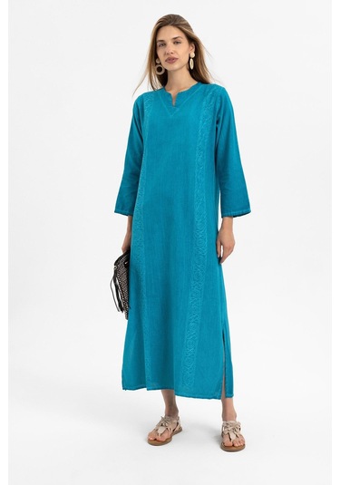 Turkuaz İşlemeli Uzun Kollu Astarsız Pamuklu Uzun Elbise-turkuaz Turkuaz