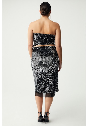 GRIMELANGE Yıseth Kadın Gümüş Pul Payet Uzun Astarlı Siyah Etek Siyah