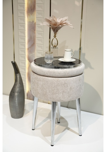 Bella Metal Ayaklı Puflu Teddy Kumaş Puf&sehpa Krom Beyaz Chrome White