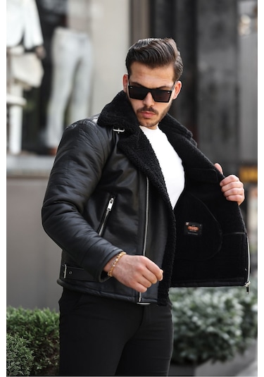 Erkek Napa Deri Çapraz Fermuarlı İçi Full Kürklü Yüksek Kalite Slim Fit Siyah Mont & Ceket Siyah