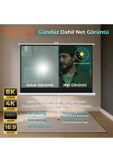 Groove Vizio Pro 100 Inch 220x125cm Blackout Işık Geçirmez Tripod Ayaklı Projeksiyon Perdesi