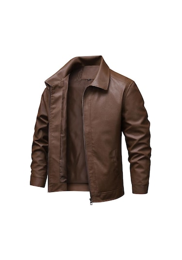 Erkek Deri Slim Fit Yaka Rüzgar Geçirmez Ve Su Geçirmez Ceket Siyah