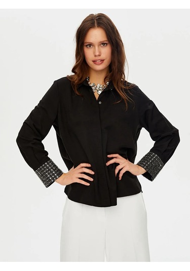Faik Sönmez Kolları Boncuk Payet İşli Şık Kadın Gömlek W26gml011 Siyah