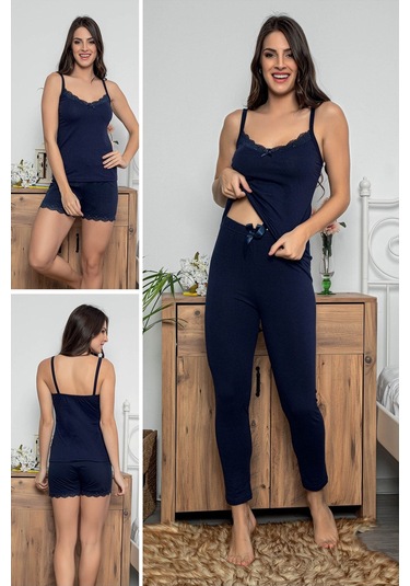 Kadın Lacivert Renkli Dantel Detaylı Şortlu Ve Taytlı Pijama Takımı 3'lü Set 75019 Lacivert