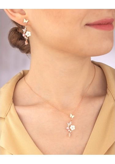 925 Ayar Gümüş Kelebek Bahçesi Kolye Küpe Set