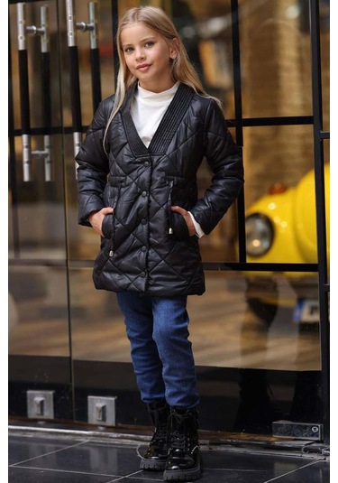 Riccotarz Kız Çocuk Yakası Şerit Ve Üzeri Kare Dikiş Detaylı Cepli Çıtçıt Düğme Şişme Siyah Mont Siyah