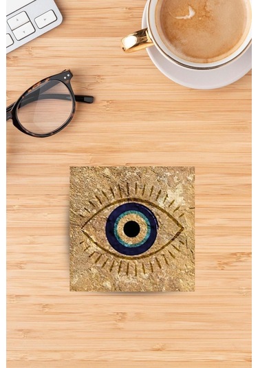 Baskılı Doğaltaş Bardak Altlığı - Doğal Taş Bardak Altı Tekli Nazar Boncuğu Çok Renkli