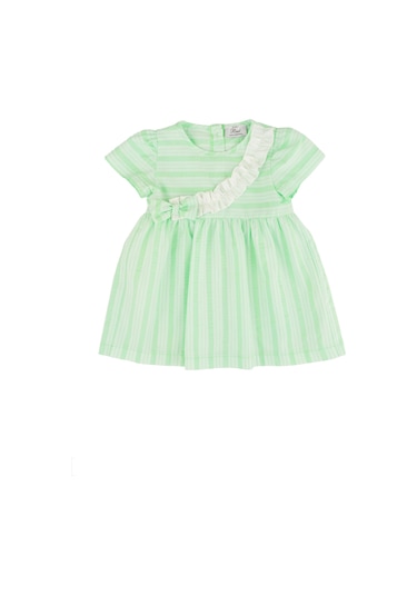 Fırfır Detaylı Çizgili Elbise Yeşil