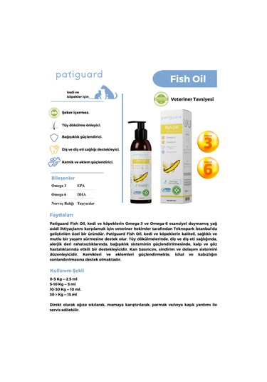 Patiguard Kedi Köpek İçin Omega 3 & 6 İçerikli Fish Oil 200 ML