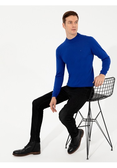 Cacharel Sax Slim Fit Çeyrek Balıkçı Yaka Basic Triko Kazak Mavi